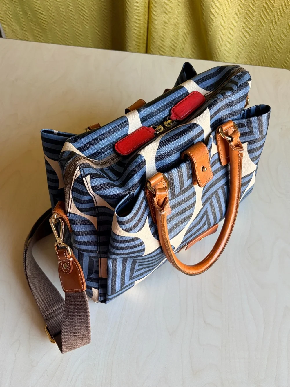 Orla Kiely Blue and Cream Graphic Print Satchel with Tan Trim